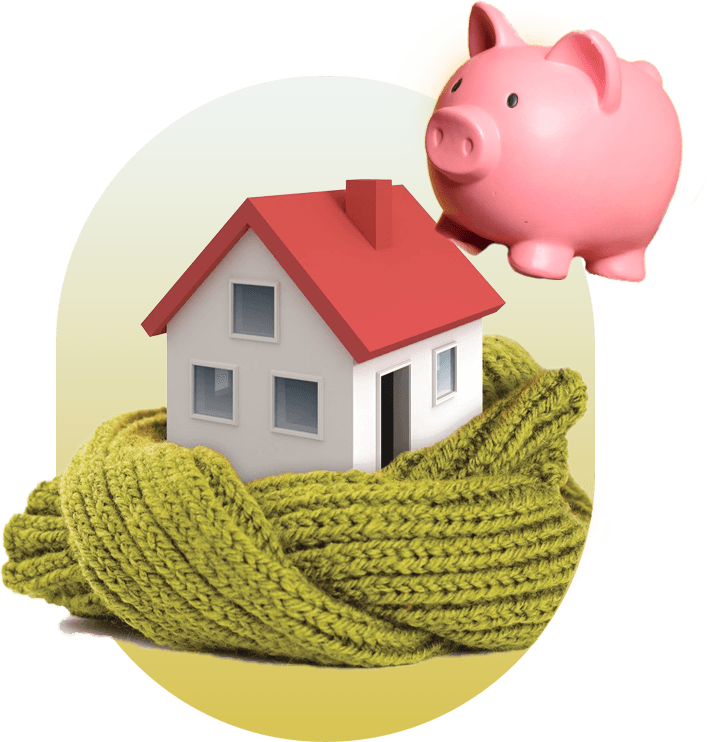 Woning gewikkeld in een wollen sjaal met een spaarvarken erboven